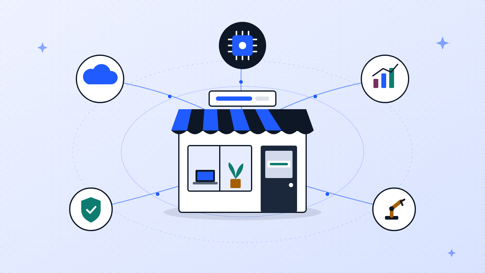 Illustration of a small shop connected to cloud, AI, analytics, security and automation icons