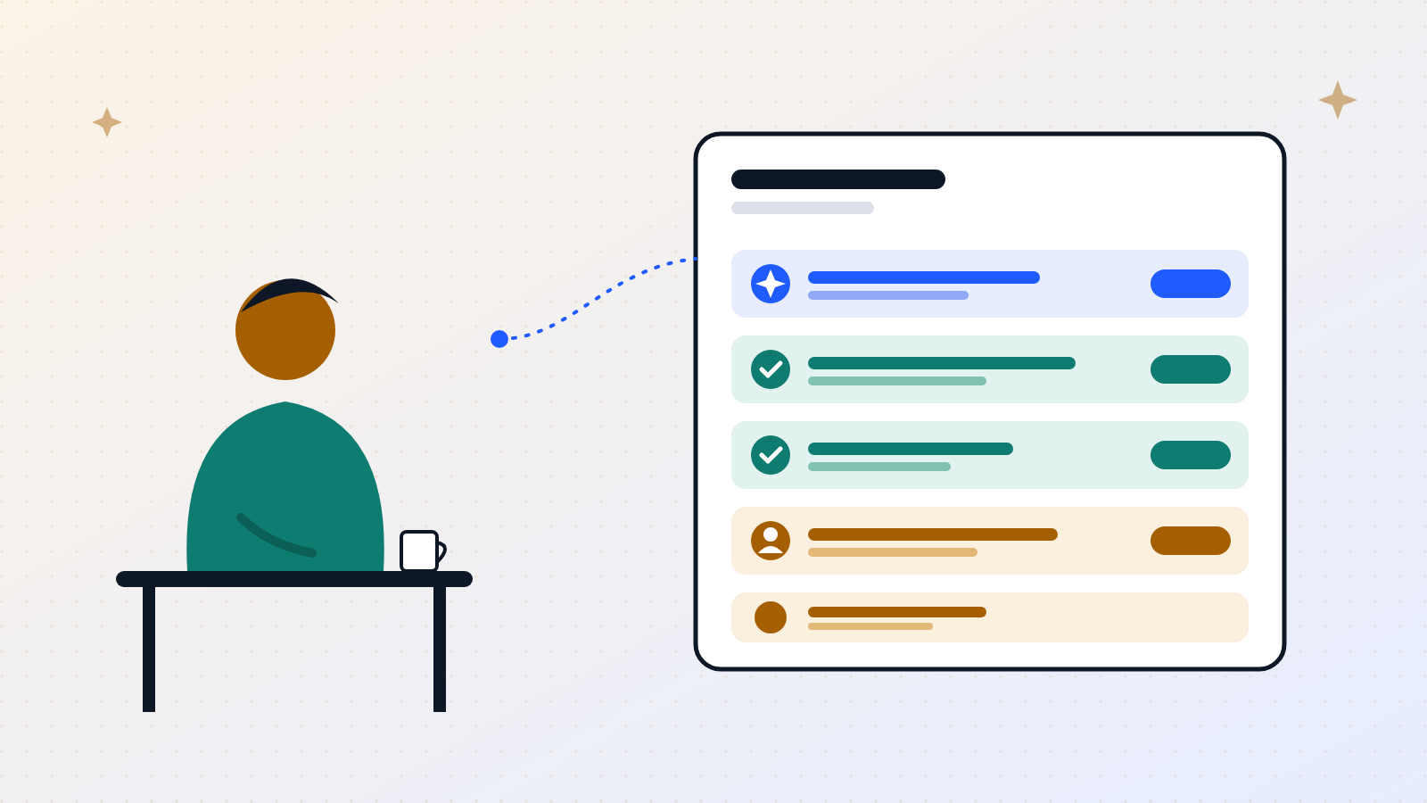 Illustration of a person at a desk next to a job broken into task rows: one automated by AI, two assisted by AI, and two that remain human work