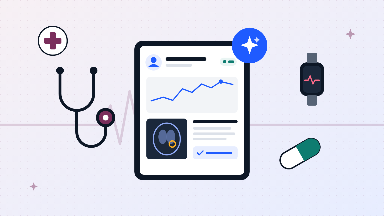 Illustration of a tablet showing a patient record, vital signs chart and scan, with an AI badge, stethoscope, smartwatch and medicine capsule