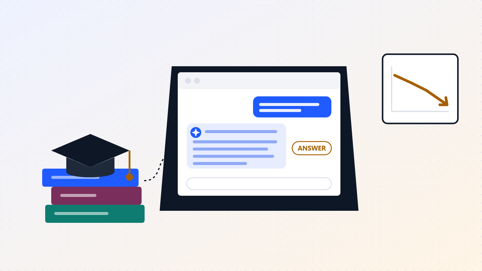 Illustration of a laptop with an AI chat giving an answer, beside course books and a chart trending down