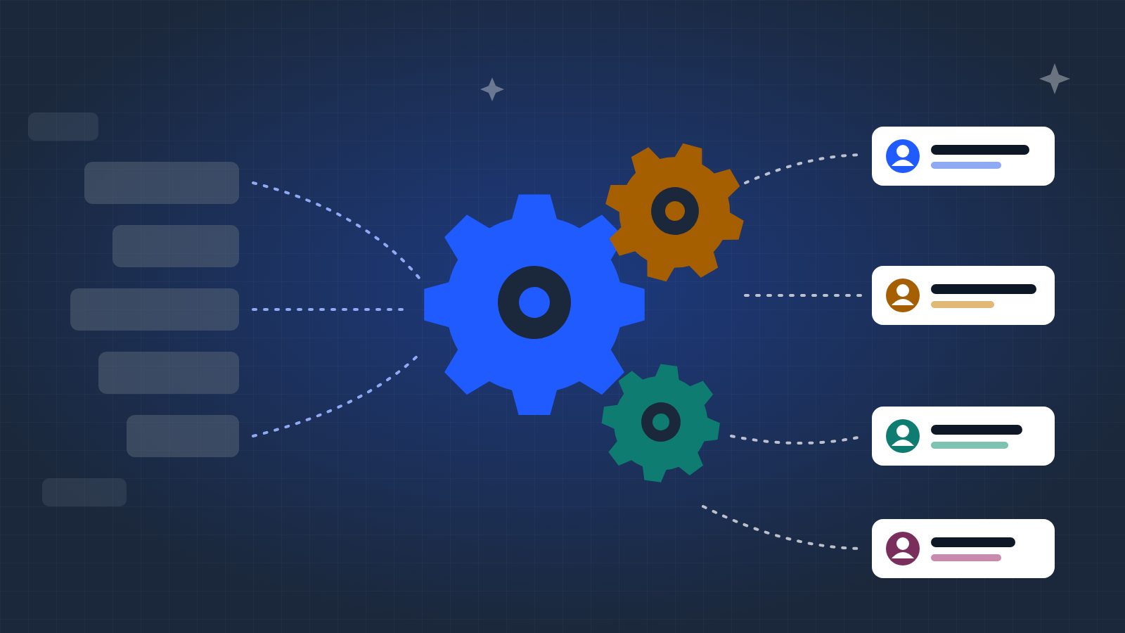 Illustration of fading grey task blocks flowing through turning gears and emerging as new job roles