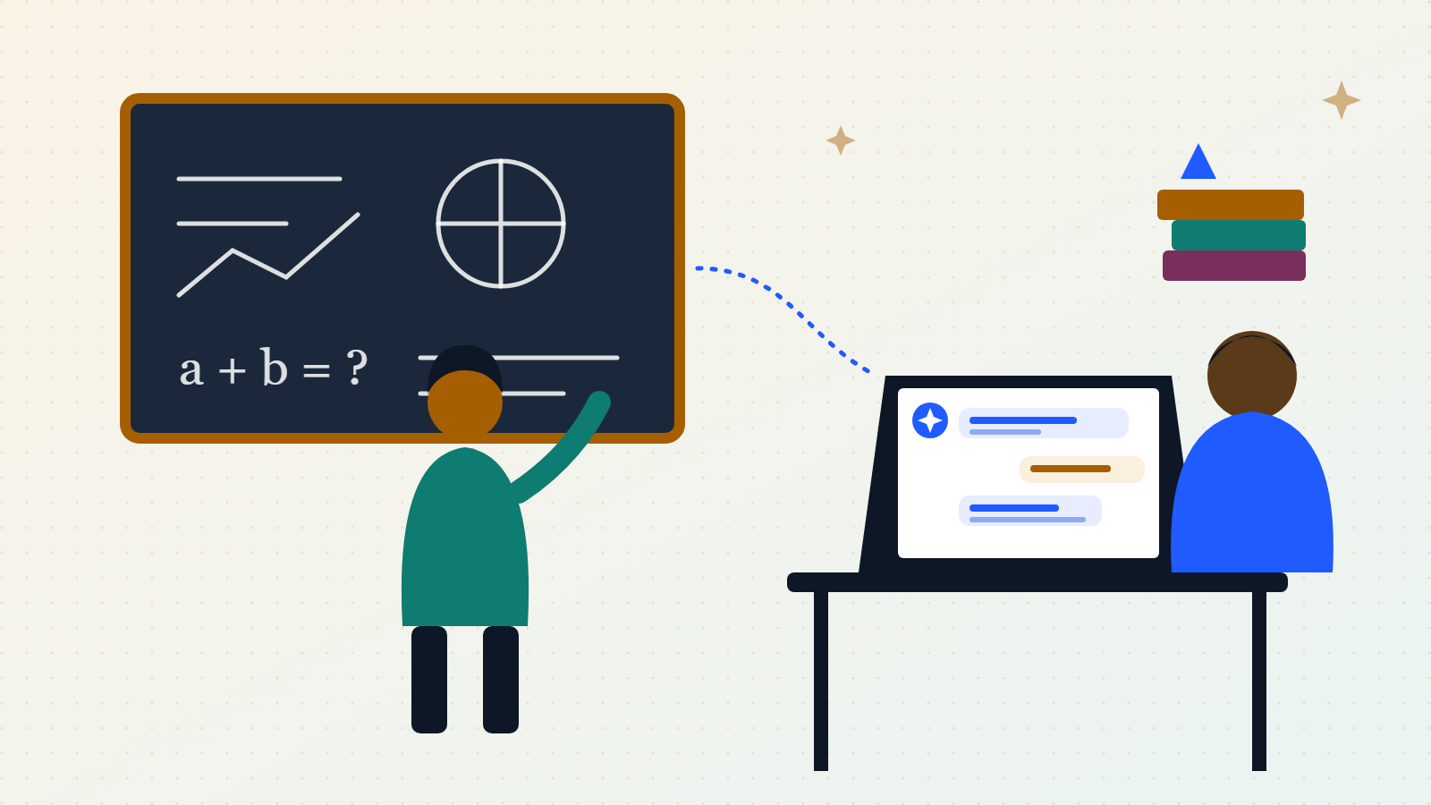 Illustration of a teacher writing on a chalkboard and a student at a laptop chatting with an AI tutor, with a stack of books
