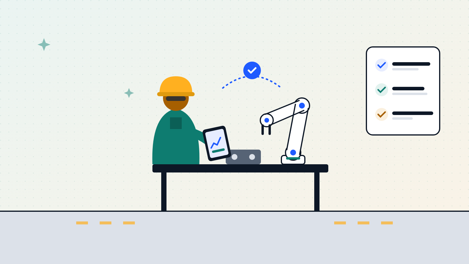 Illustration of a factory worker in a hard hat holding a tablet at a workbench beside a collaborative robot arm, with a checklist of skills