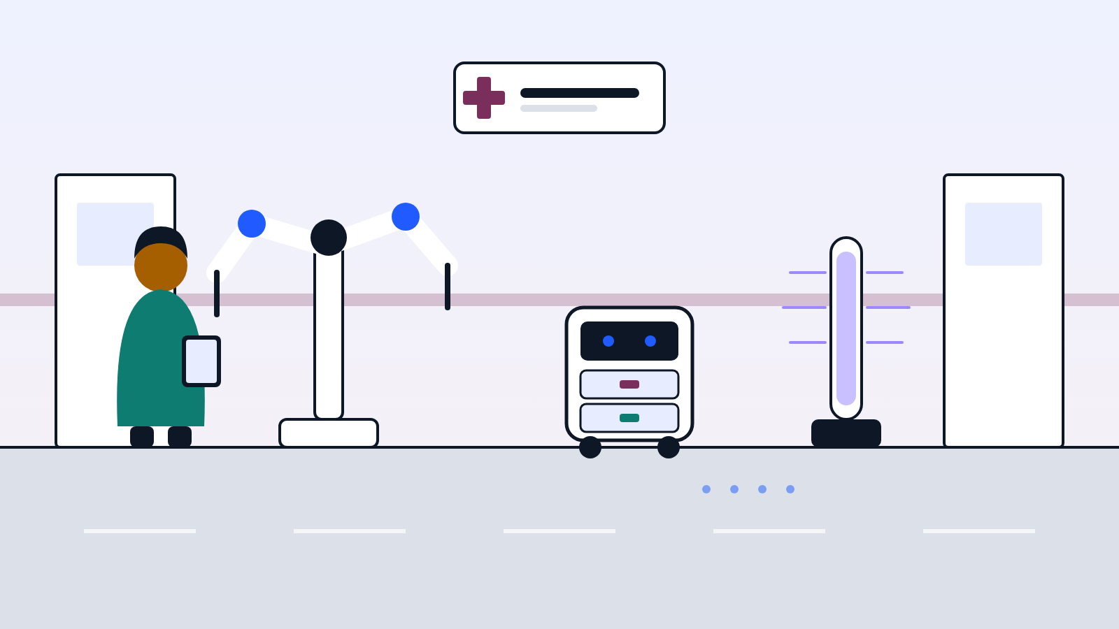 Illustration of a hospital corridor with a nurse, a surgical robot, a delivery robot and a UV disinfection robot