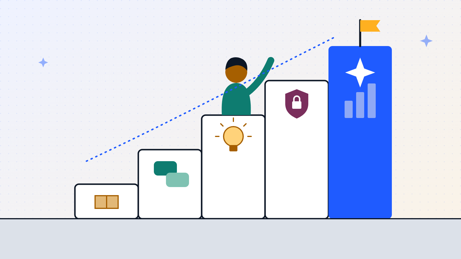 Illustration of a person climbing a staircase of skill blocks for basics, communication, creative thinking, cybersecurity and AI, towards a flag