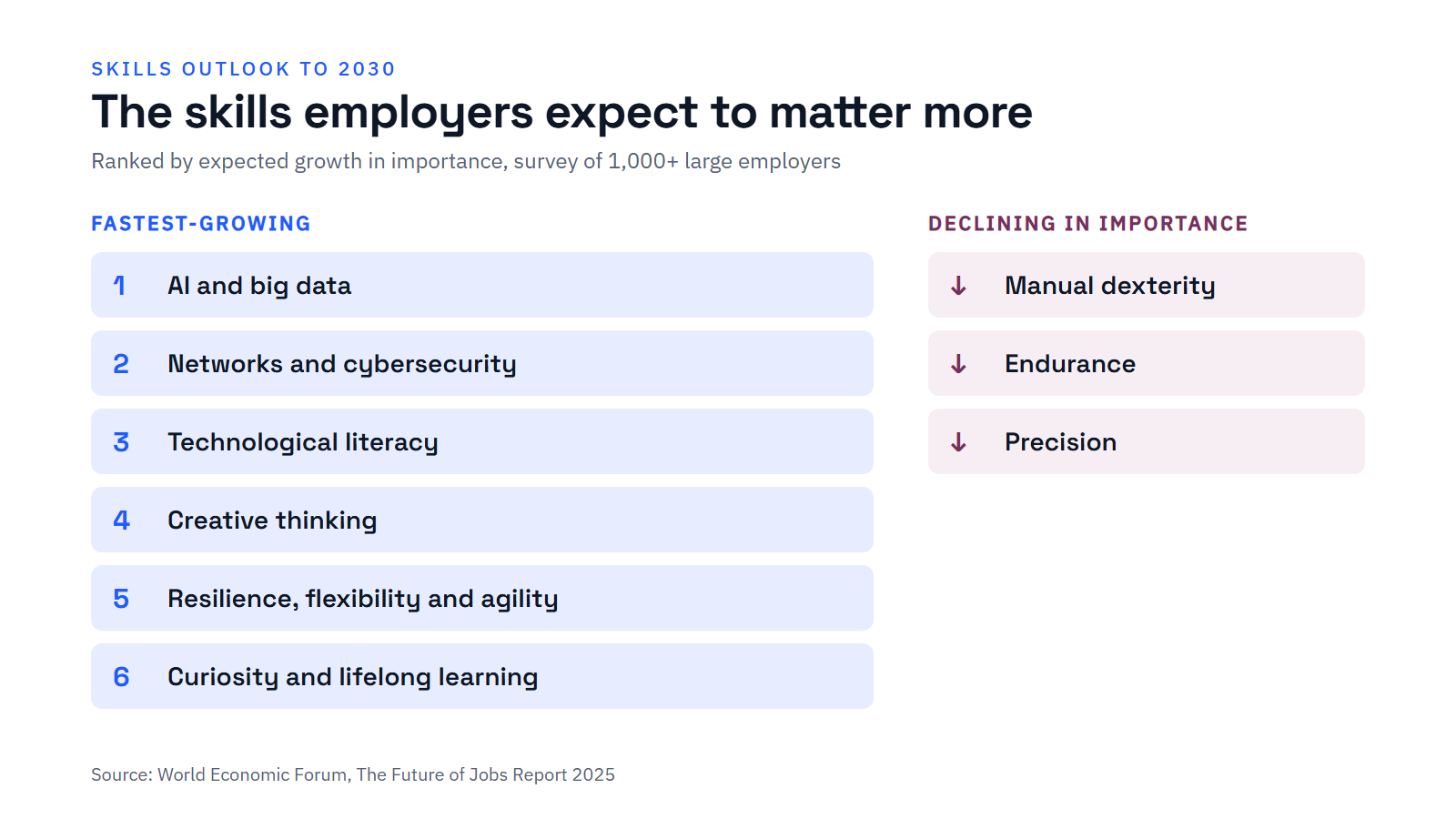 Ranked list of fastest-growing skills to 2030: AI and big data, networks and cybersecurity, technological literacy, creative thinking, resilience, flexibility and agility, and curiosity and lifelong learning; declining: manual dexterity, endurance and precision